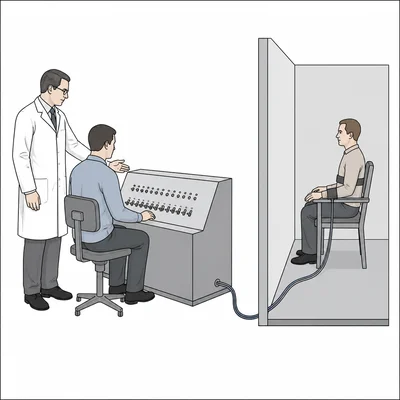 Schematic of Milgram obedience study with authority figure, participant at switches, and learner behind a partition.