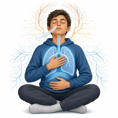 A student practices deep breathing with lungs and calming nervous system lines shown.
