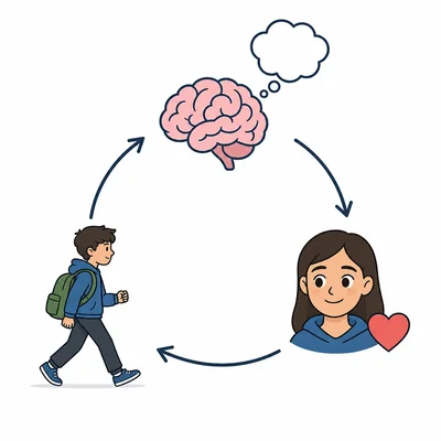 A triangle diagram connects thought, feeling, and action icons with arrows.