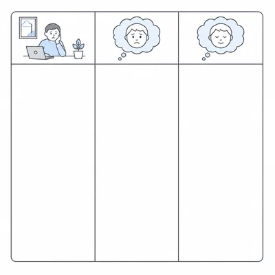 A three-column CBT thought record chart with icons for situation, automatic thought, and alternative thought.