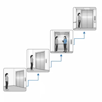 A step-by-step illustration of a person gradually approaching and using an elevator with support.
