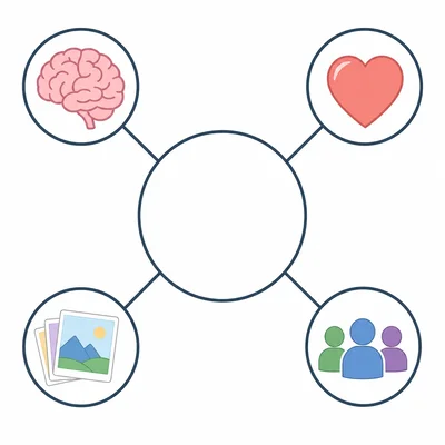A concept map with a central circle connected to four idea circles shown with icons.