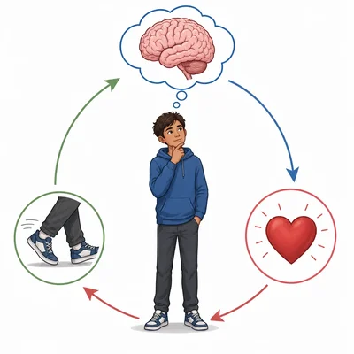 A student with symbols for thoughts, feelings, and behaviors connected by arrows.