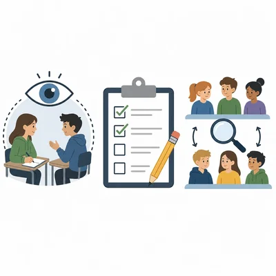 Three icons showing observation, survey, and experiment methods.