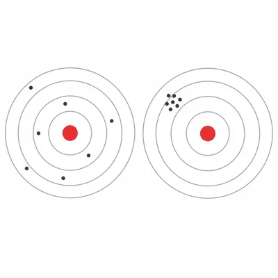 Two targets showing scattered shots near the center and clustered shots away from the center.