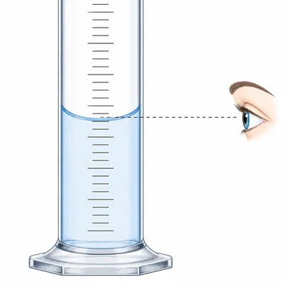 Graduated cylinder with liquid meniscus shown at eye level.