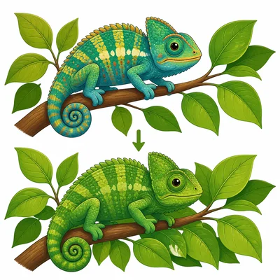 A chameleon changes color to blend in with leaves.