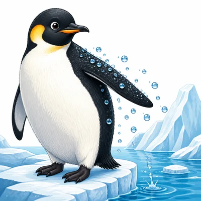 Water beads roll off a penguin’s feathers near icy water.