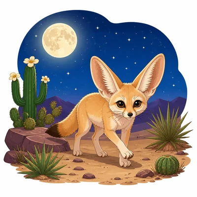 A desert animal is active at night under the moon.