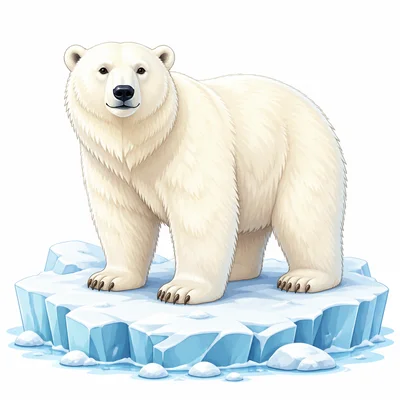 A polar bear with thick fur stands on snowy ice.