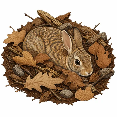 A rabbit blends in with brown ground and leaves.