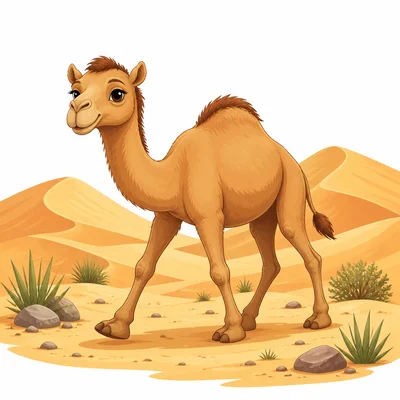 A camel walks through a dry desert with sand dunes.