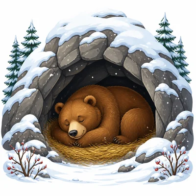 A bear sleeps in a cave during snowy winter.