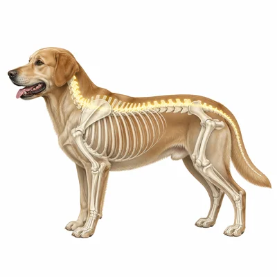 Dog shown with a visible internal skeleton and backbone.