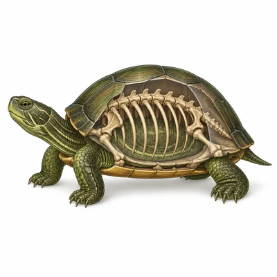 Turtle with shell, legs, and visible internal backbone.