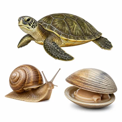 Turtle, snail, and clam shown as different animals with shells.