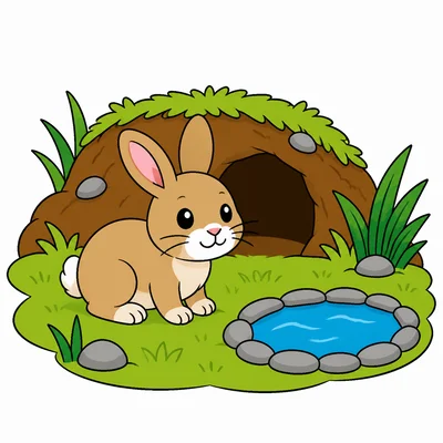 A rabbit habitat with grass, water, and a burrow