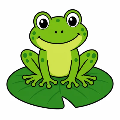 A green frog sitting on a lily pad in a pond