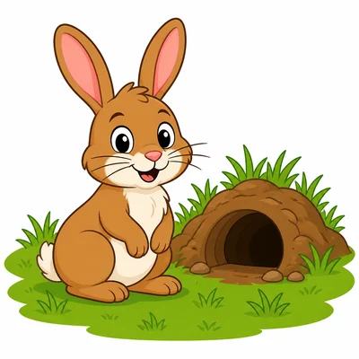 A rabbit in a grassy field beside a burrow