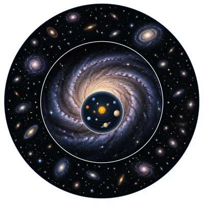 The solar system nested inside a galaxy within the wider universe.