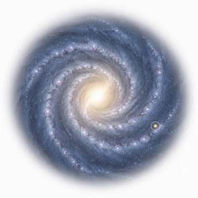 A spiral galaxy with a small highlighted location in one outer arm.