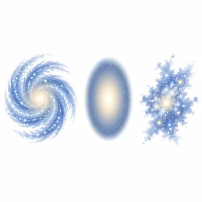 Three galaxy shapes: spiral, oval, and irregular.