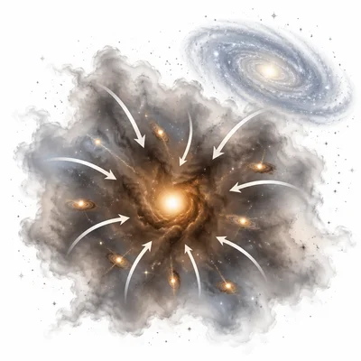 Gas and dust clouds pulled inward by gravity to form stars.