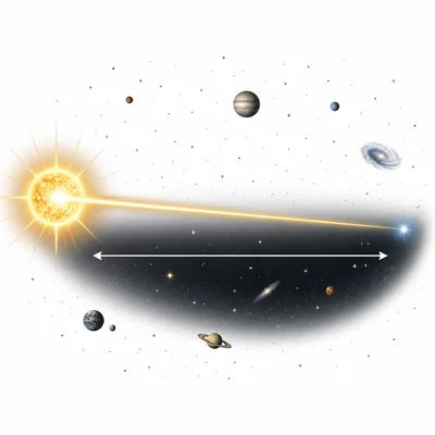 A beam of light travels a long distance through space.