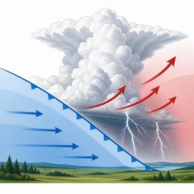 Cold air wedge lifting warm air to form storm clouds at a cold front.