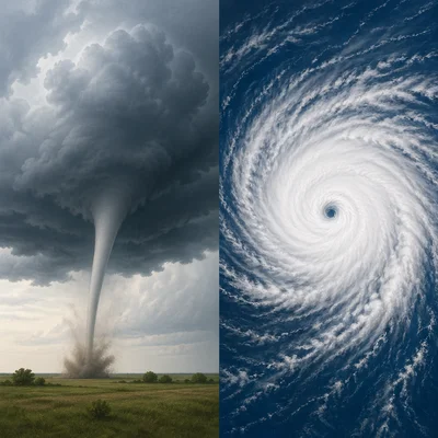 Tornado funnel over land compared with a spiral hurricane over ocean.