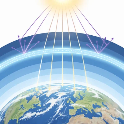 Ozone layer shown as a protective band blocking some sunlight rays above Earth.