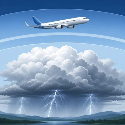 Airplane flying above storm clouds in a calmer atmospheric layer.