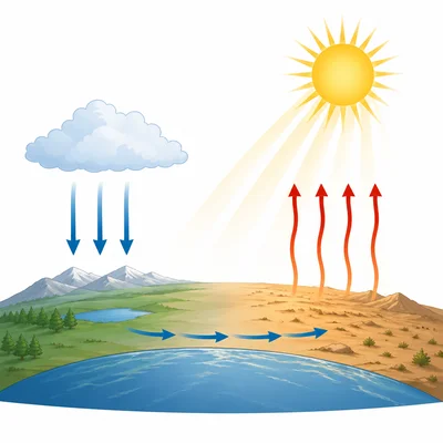 Uneven heating creates rising warm air, sinking cool air, and wind.