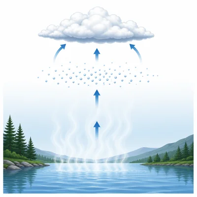 Water vapor rising and condensing into cloud droplets.