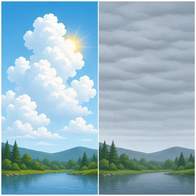 Puffy cumulus clouds compared with flat stratus clouds and drizzle.