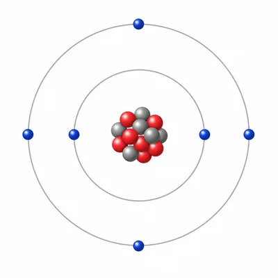 Bohr model of a neutral carbon atom with six protons, six neutrons, and six electrons.