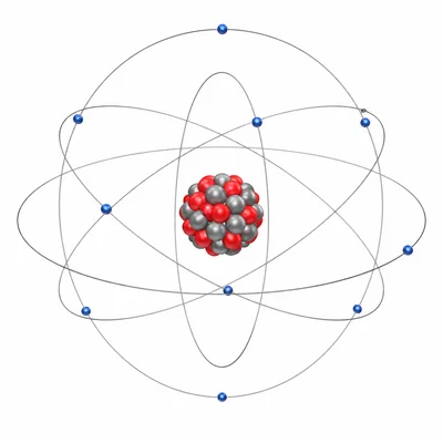 Atom diagram showing protons and neutrons in the nucleus and electrons around the outside.