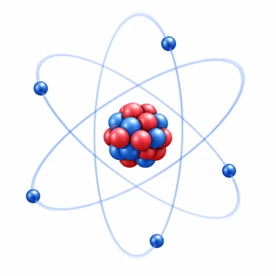 Atom diagram showing a nucleus with two particle types and electrons orbiting around it.