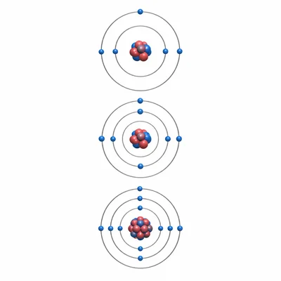 Three atoms in a vertical group with the same number of outer-shell electrons.