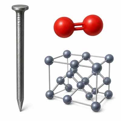 Iron nail, oxygen molecule, and silicon crystal shown as examples of different element types.