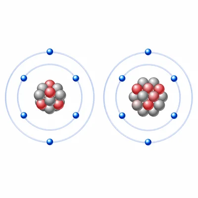 Two carbon isotope atom models with the same protons and electrons but different numbers of neutrons.
