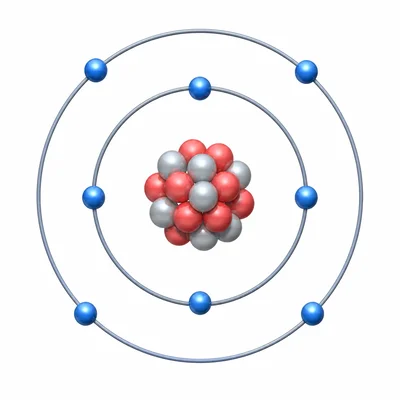 Bohr model of an oxygen atom with eight protons, eight neutrons, and eight electrons.