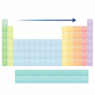 Blank periodic table grid with color regions and an arrow showing arrangement across rows.