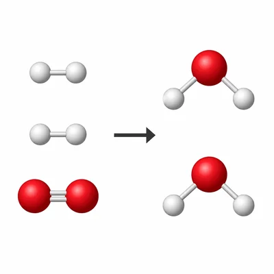 Particle model showing hydrogen and oxygen molecules forming water.