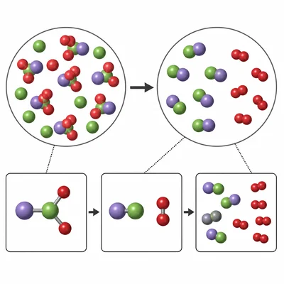 Particle model showing potassium chlorate decomposing into potassium chloride and oxygen.