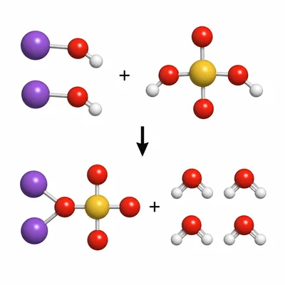 Particle model showing sodium hydroxide and sulfuric acid forming sodium sulfate and water.