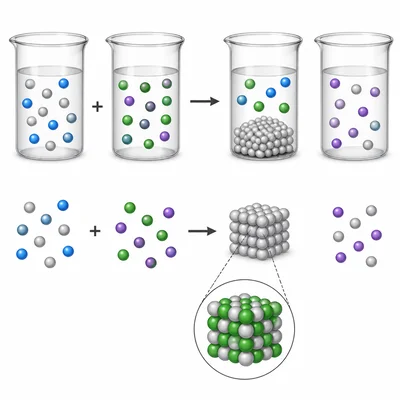 Particle model showing silver nitrate and sodium chloride forming silver chloride and sodium nitrate.