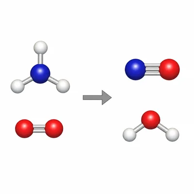 Molecular model showing ammonia and oxygen producing nitric oxide and water.