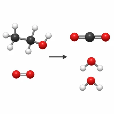 Molecular model showing ethanol and oxygen producing carbon dioxide and water.