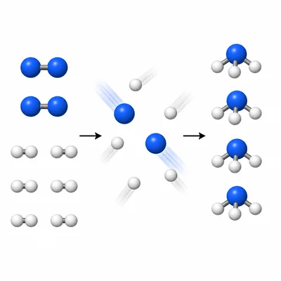 Particle model showing nitrogen and hydrogen molecules forming ammonia.